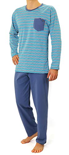 sesto senso Herren Schlafanzug Gestreift Lang Pyjama 100% Baumwolle Langarm Shirt mit Tasche Pyjamahose Nachtwäsche Gestreift Blau XL 02 K67ZC von sesto senso