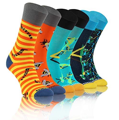 sesto senso Lustige Bunte Verrückt Socken Baumwolle Damen Herren 3 Pack Gemusterte Ungleiche Funny Socks Oddsocks Heuschrecke Biene Gottesanbeterin 43-47 3 Insekten von sesto senso