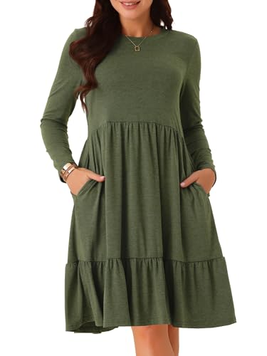 Seta T Damen Kleid Langarm Lässig Babydoll Taschen Rundhalskleid Gestuftes A-Linien Fließend MInikleid Armeegrün S Seta T Damen Kleid Langarm Lässig Babydoll Taschen Rundhalskleid Gestuftes A-Linien Fließend MInikleid Armeegrün S von Seta T