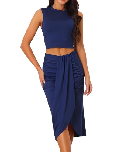 Seta T Damen Lässig Ärmellos Sommer Zweiteiler Outfit Crop Top Seitlich Geschlitzter Drapierter Gerüschter Rock Set Blau M von Seta T