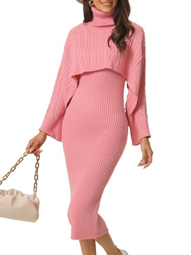 Seta T Damen Langarm Frühling Herbst 2-teiliges Outfit Gestrickt Rollkragenpullover Figurbetont Midi Pullover Kleid Set Rosa M von Seta T