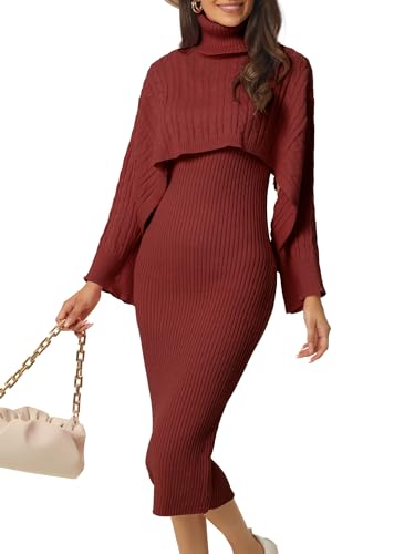 Seta T Damen Langarm Frühling Herbst 2-teiliges Outfit Gestrickt Rollkragenpullover Figurbetont Midi Pullover Kleid Set Weinrot L von Seta T