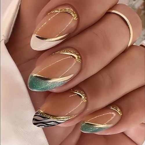 Sethexy Mittel Mandel Nägel aufdrücken Stiletto Grün Glitzer Falsche Nägel Glänzend Goldene Linie Falsche Nägel für Frauen und Mädchen 24PCS (2) von Sethexy