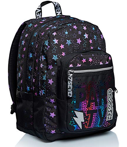 Seven Rucksack, für Schule, Sport und Freizeit, Geräumige Schultasche für Teenager, Mädchen und Jungen, mit Trinkflaschenfach, schwarz, praktisch mit USB-Anschluss, BROADER DANCE PARTY von Seven