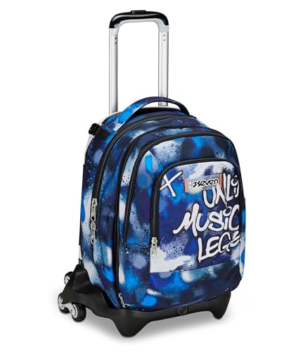 SEVEN Jack Detach Schultrolley mit 3 Rädern, Blau, Retrocolor, 3 in 1, Rucksack mit abnehmbarem Wagen, abnehmbare Tasche, Verwendung von Rucksack und Crossover System, Schulrucksack für Reisen, Kinder von Seven