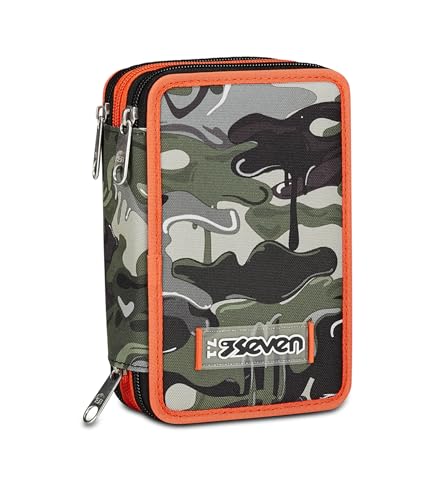 SEVEN Schulmäppchen mit 3 Reißverschlüssen Grün Schwarz Orange Lightventure Federmäppchen Dreifach mit Stiften Bleistifte Farben Zubehör Rucksack Grundschule Medium Kinder Schwarz One Size Modern, von Seven