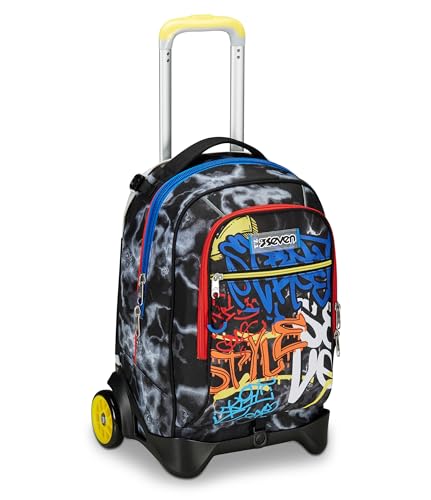 SEVEN Schultrolley Jack mit 2 Rollen, Schwarz Gelb, Mark On Boy, 3 in 1, Dreifachverwendung, Rucksack mit abnehmbarem Wagen, Tasche für Trinkflasche und Crossover System, Schulrucksack für Reisen, von Seven