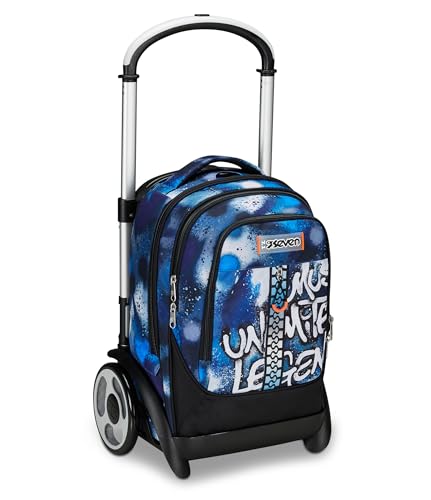 SEVEN Schultrolley Tyre Maxi Räder, Blau, Retrocolor, 3 in 1, Dreifachverwendung, Rucksack mit abnehmbarem Wagen und Crossover System, Schulrucksack für Reisen, Kinder Jungen, blau, Taglia unica, von Seven