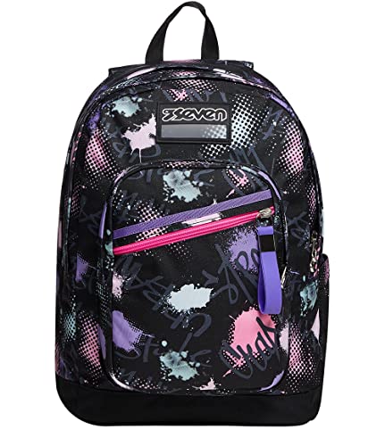 Seven Rucksack, Backpack für Schule, Uni & Freizeit, Geräumige Schultasche für Teenager, Mädchen und Jungen, mit Trinkflaschenfach, schwarz, italienisches Design; NEW FIT PINKYPOIS GIRL von Seven