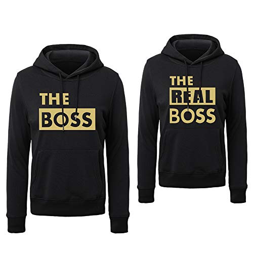 Pärchen Hoodie Couple Hoodie Pärchen Pullover Sweatshirt Paar Pulli The Boss The Real Boss Kapuzenpullover Partnerlook Couple Geschen Schwarz Weiß Grau 1 Stücke(Men-Gold-Schwarz,L) von Sevpuikl