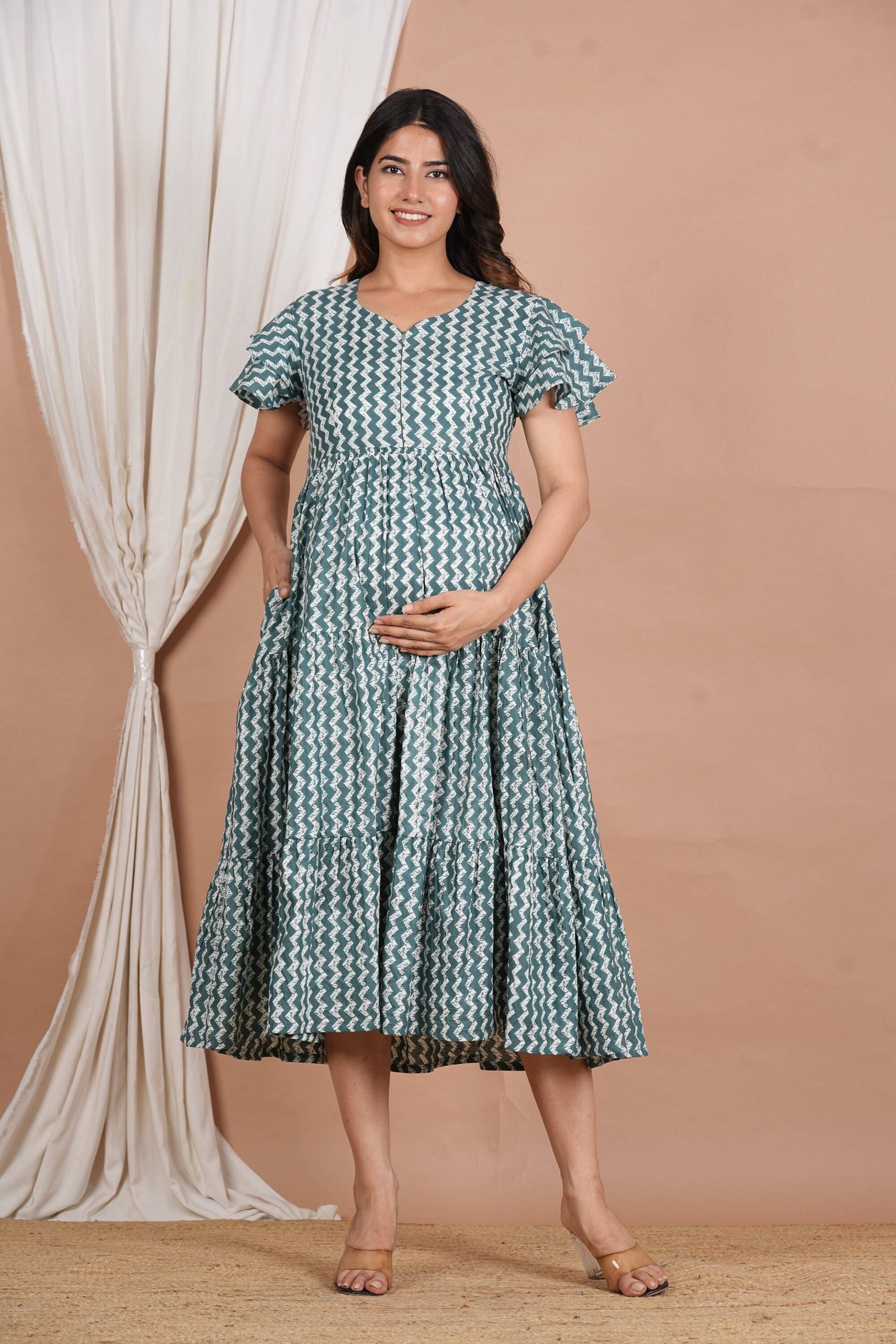 Umstands-Designer-Kleid Aus Grüner Baumwolle Mit Blumenmuster Für Frauen, Baby-stillkleid, Schwangerschaftskaftan Reißverschluss, Umstandskleid von SevyaStore