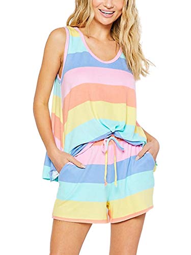 Sexy Dance Damen Pyjama Set Sommer Regenbogen Streifen Ärmellos Top Shorts Nachtwäsche für Frauen Gr. 36, Helle Farbe von Sexy Dance