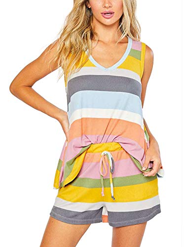 Sexy Dance Damen Pyjama Set Sommer Regenbogen Streifen Ärmellos Top Shorts Nachtwäsche für Frauen Gr. 50, gelb von Sexy Dance