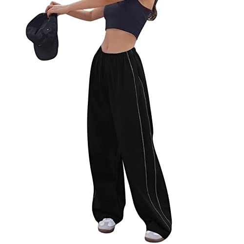 Sfit Damen Fallschirmhosen Baggy Cargohose Y2K Track Pants Teenager Mädchen Elastische Taille Weite Bein Jogginghose Oversize Lose 90er E-Girl Streetwear Parachute Pants(Schwarz,L) von Sfit