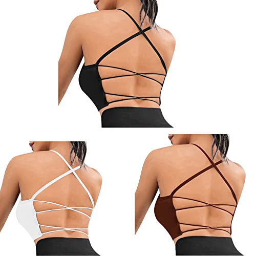 Sfit Damen Sport BH Gepolstert Bustier Crossback ohne Bügel Spaghettiträger Sports Bra Gerippt Push Up Stretch Atmungsaktiv für Yoga Fitness Gym(3 pcs: Schwarz+Weiß+Kaffee,M) von Sfit