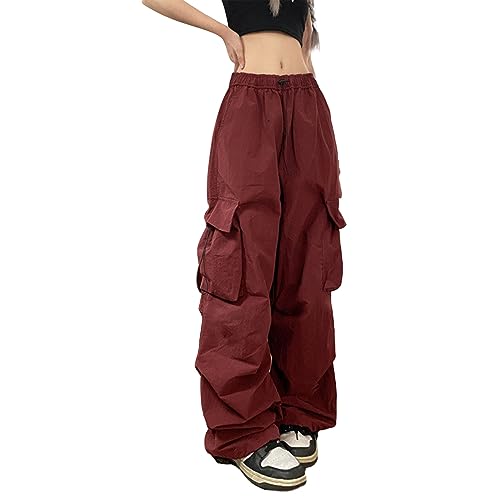 Sfit Fallschirmhosen Y2k Cargohose Damen Baggy Track Pants Teenager Mädchen Elastische Taille Weite Bein Jogginghose Lose 90er E-Girl Streetwear Parachute Pants(Dunkelrot,L) von Sfit