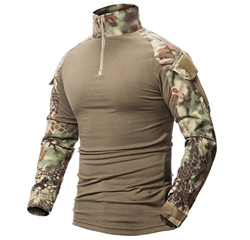 ShallGood Herren-Hemden, Kampf, Militär, Airsoft, BDU, Shirt, Outfit, Camouflage, Uniform, taktisch, schnell trocknend, mit Taschen, Ellbogenschützer, Langarm-Hemd, Multicam, A grün., L von ShallGood