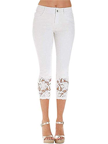 ShallGood Damen Capri Jeanshosen Sommer Skinny Spitze Denim Stretch Hosen Hohe Taille 3/4 Länge Leggings Spitze Hosen (2X-Large, Weiß) von ShallGood