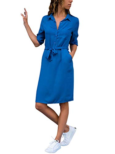 ShallGood Damen Casuel Hemdkleid Knielang Button Down V-Ausschnitt Blusenkleid Shirt Kleid 3/4 Hülse Kragen Shift Lose Kleid Einfarbig AbendkleidMit Gürtel Blau DE 42 von ShallGood