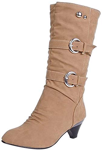 ShallGood Damen Elegant Stiefel Winterstiefel Mittlerer Absatz mit Schnalle Blockabsatz Schuhe Schenkelhoch Outdoor Stiefel Khaki EU 38 von ShallGood