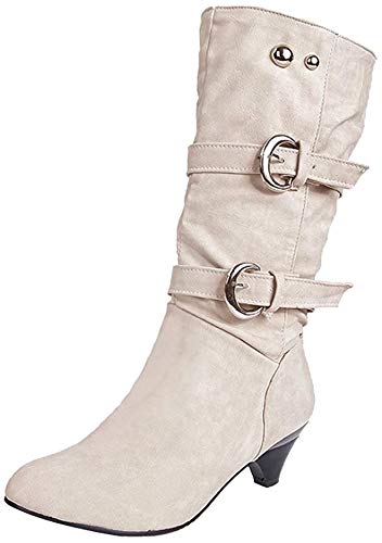 ShallGood Damen Elegant Stiefel Winterstiefel Mittlerer Absatz mit Schnalle Blockabsatz Schuhe Schenkelhoch Outdoor Stiefel Weiß EU 39 von ShallGood