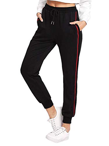 ShallGood Damen Hosen Jogginghose Elastischer Bund 3 Gestreift Streifen Freizeithose Tunnelzug Sporthose Casual Sweathose Mit Taschen Schwarz Large von ShallGood