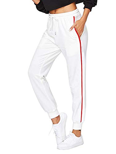 ShallGood Damen Hosen Jogginghose Elastischer Bund 3 Gestreift Streifen Freizeithose Tunnelzug Sporthose Casual Sweathose Mit Taschen Weiß X-Large von ShallGood