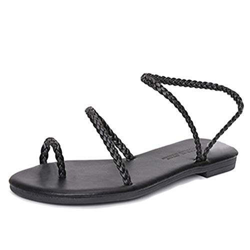 ShallGood Damen Sandalen Flache Knöchel Schnalle Zehentrenner Flip Flop Sommerschuhe Casual Elegant Strandschuhe Pantoletten Rome Sandalen Schwarz EU 37 von ShallGood