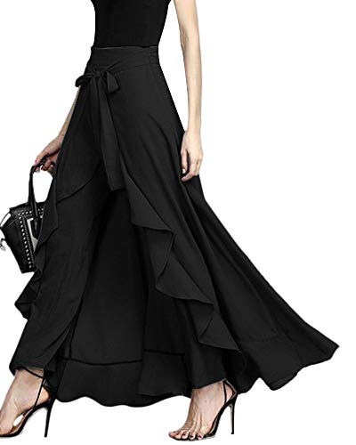 ShallGood Damen Sommer Elegant Hosenrock Mode Hohe Taille Einfarbig Irregular Rüschen Freizeithose Yogahose Partykleid Lang (Medium, Schwarz) von ShallGood