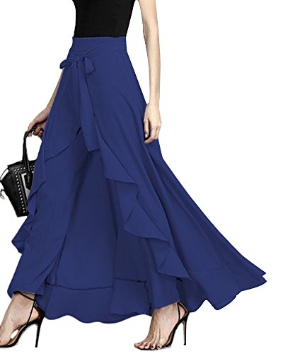 ShallGood Damen Sommer Elegant Hosenrock Mode Hohe Taille Einfarbig Irregular Rüschen Freizeithose Yogahose Partykleid Lang Blau X-Large von ShallGood