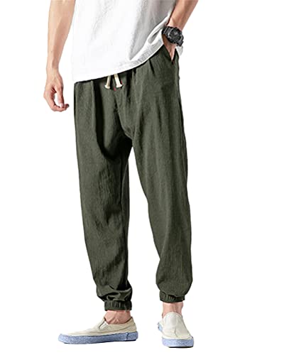 ShallGood Herren-Harem-Hose für den Sommer, Casual, leicht, atmungsaktiv, einfarbig, Leinen, lange Hose mit Kordelzug, E Armygreen, S von ShallGood