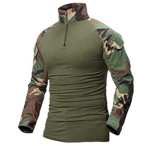 ShallGood Herren-Hemden, Kampf, Militär, Airsoft, BDU, Shirt, Outfit, Camouflage, Uniform, taktisch, schnell trocknend, mit Taschen, Ellbogenschützer, Langarm-Hemd, Multicam, C Grün, XL von ShallGood