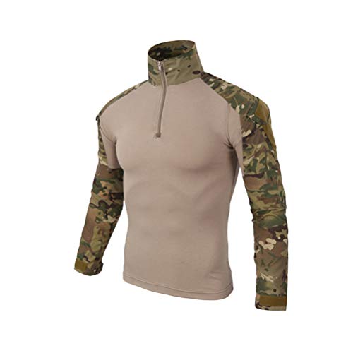 ShallGood Herren-Hemden, Kampf, Militär, Airsoft, BDU, Shirt, Outfit, Camouflage, Uniform, taktisch, schnell trocknend, mit Taschen, Ellbogenschützer, Langarm-Hemd, Multicam, Z1 Khaki., S von ShallGood