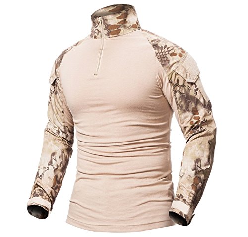 ShallGood Herren-Hemden, Kampf, Militär, Airsoft, BDU, Shirt, Outfit, Camouflage, Uniform, taktisch, schnell trocknend, mit Taschen, Ellbogenschützer, Langarm-Hemd, Multicam, A Khaki, XL von ShallGood