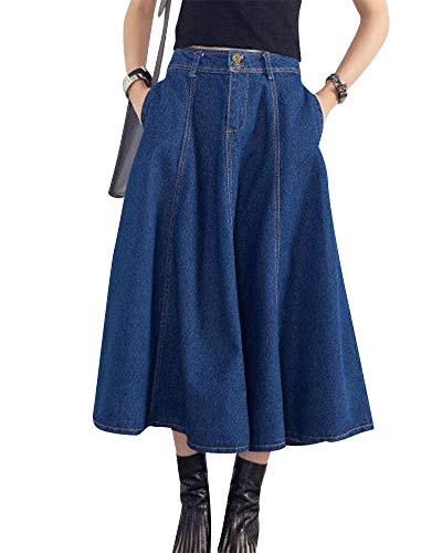 Damen Langer Jeansrock Stonewash Maxiröcke Maxi-Rock Denim Jean Flare Rock Regenschirm Röcke Dunkelblau XL von Shaoyao