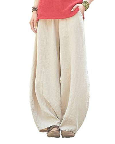 Shaoyao Damen Leinenhose Länge Leichte Strandhose Einfarbig Freizeithose Jogginghose Haremshose Beige von Shaoyao