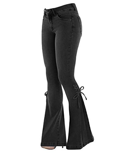 Shaoyao Damen Stretch Hose Spitzendekoration Skinny Röhrenjeans Elastischer Bund Slim Fit Schlaghose Schwarz 2XL von Shaoyao