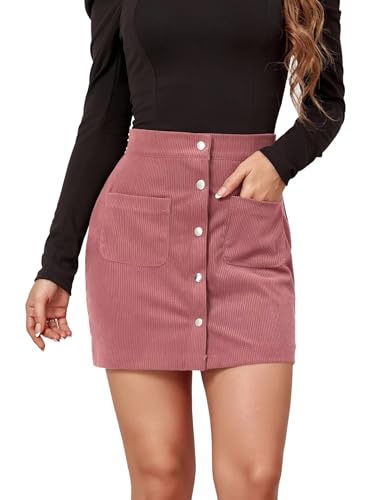 Sheface Damen Corduroy Button Down Mini Short Rock Hohe Taille A-Linie Wickelröcke mit Taschen, Pink, Groß von Sheface