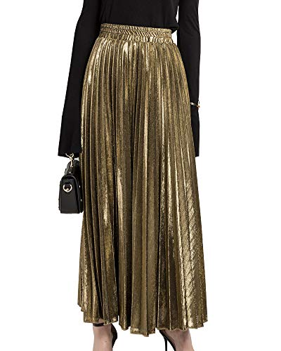 Faltenrock Maxi Damen Langer Plisseerock Hohe Taille Grelle Farbe Rock Gold M von Shengwan