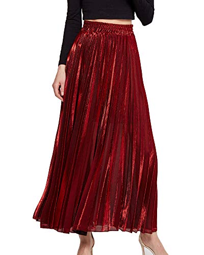 Faltenrock Maxi Damen Langer Plisseerock Hohe Taille Grelle Farbe Rock Rot L von Shengwan