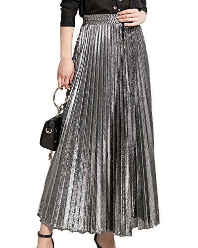 Faltenrock Maxi Damen Langer Plisseerock Hohe Taille Grelle Farbe Rock Silber 2XL von Shengwan