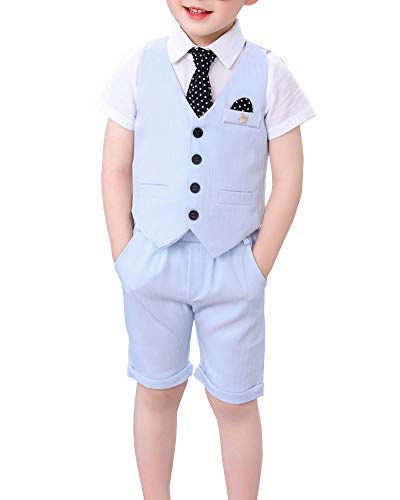 Shengwan 3 Stück Jungen Kinder Anzug Set Hochzeit Festlich Kinderanzug, Anzüge Weste + Kurze Hose + Krawatte Blau 120cm von Shengwan