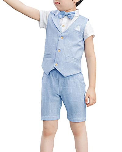 Shengwan 4 Stück Kinder Junge Anzug Hochzeit Anzüge Weste + Kurzarm Hemd + Kurze Hose + Fliege Kinderanzug Festlich Outfit Blau 2-3 Jahre von Shengwan