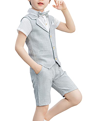 Shengwan 4 Stück Kinder Junge Anzug Hochzeit Anzüge Weste + Kurzarm Hemd + Kurze Hose + Fliege Kinderanzug Festlich Outfit Grau 13-15 Jahre von Shengwan