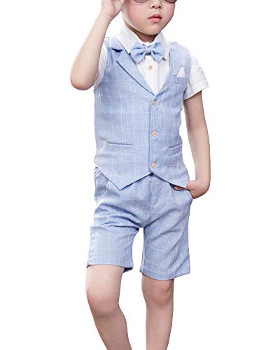 Shengwan 4 Stück Kinder Junge Anzug Sommer Hochzeit Anzüge Weste + Kurzarm Hemd + Kurze Hose + Bowtie Kinderanzug Festlich Outfit Hellblau 100cm von Shengwan