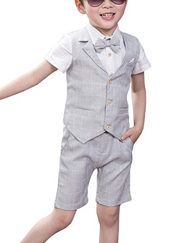 Shengwan 4 Stück Kinder Junge Anzug Sommer Hochzeit Anzüge Weste + Kurzarm Hemd + Kurze Hose + Bowtie Kinderanzug Festlich Outfit Hellgrau 130cm von Shengwan