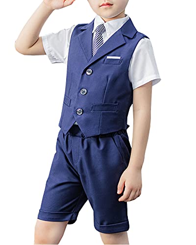 Shengwan 4 Stück Kinder Junge Anzug Sommer Hochzeit Anzüge Weste + Kurzarm Hemd + Kurze Hose + Krawatte Kinderanzug Festlich Outfit Blau 4-5 Jahre von Shengwan