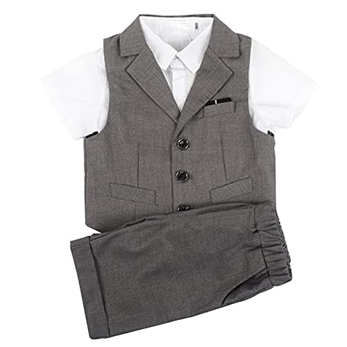 Shengwan 4 Stück Kinder Junge Anzug Sommer Hochzeit Anzüge Weste + Kurzarm Hemd + Kurze Hose + Krawatte Kinderanzug Festlich Outfit Grau 2-3 Jahre von Shengwan