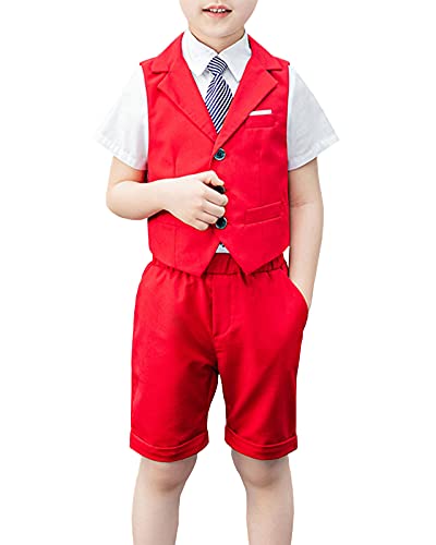 Shengwan 4 Stück Kinder Junge Anzug Sommer Hochzeit Anzüge Weste + Kurzarm Hemd + Kurze Hose + Krawatte Kinderanzug Festlich Outfit Rot 10-11 Jahre von Shengwan