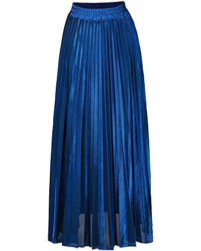 Shengwan Faltenrock Maxi Damen Langer Plisseerock Hohe Taille Grelle Farbe Rock Blau 2XL von Shengwan